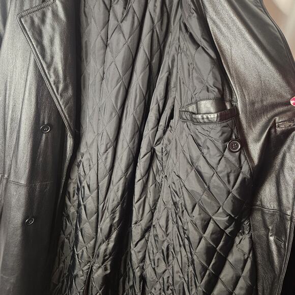 Vtg Baracuta Trench Coat Black Leather Collared Double Breasted Belt Lined Large - Picture 8 of 16